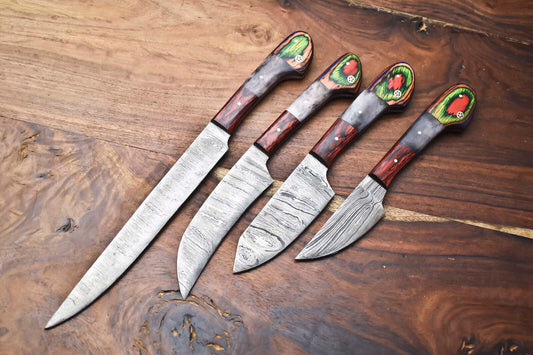 Custom Lot of 4 Handmade Hammered Damascus Steel Blade Chef Set Knives