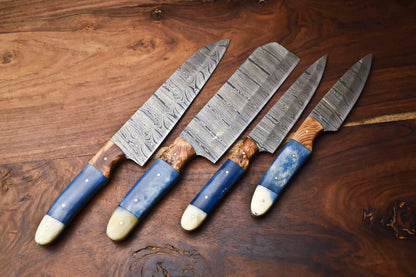 Custom Lot of 4 Handmade Hammered Damascus Steel Chef Knives Set – 384 Layer Full Tang Blades