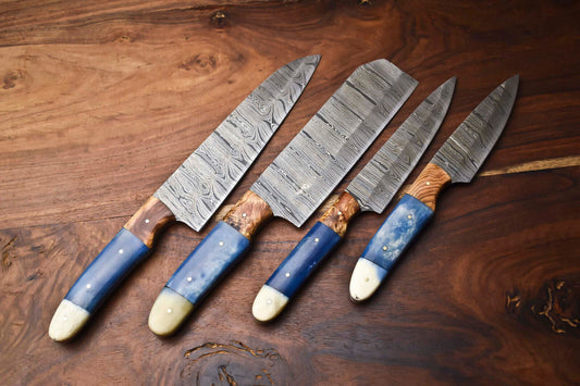 Custom Lot of 4 Handmade Hammered Damascus Steel Chef Knives Set – 384 Layer Full Tang Blades