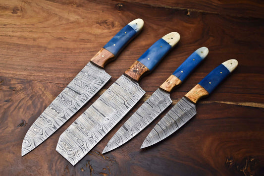 Custom Lot of 4 Handmade Hammered Damascus Steel Chef Knives Set – 384 Layers, Professional Kitchen Blades