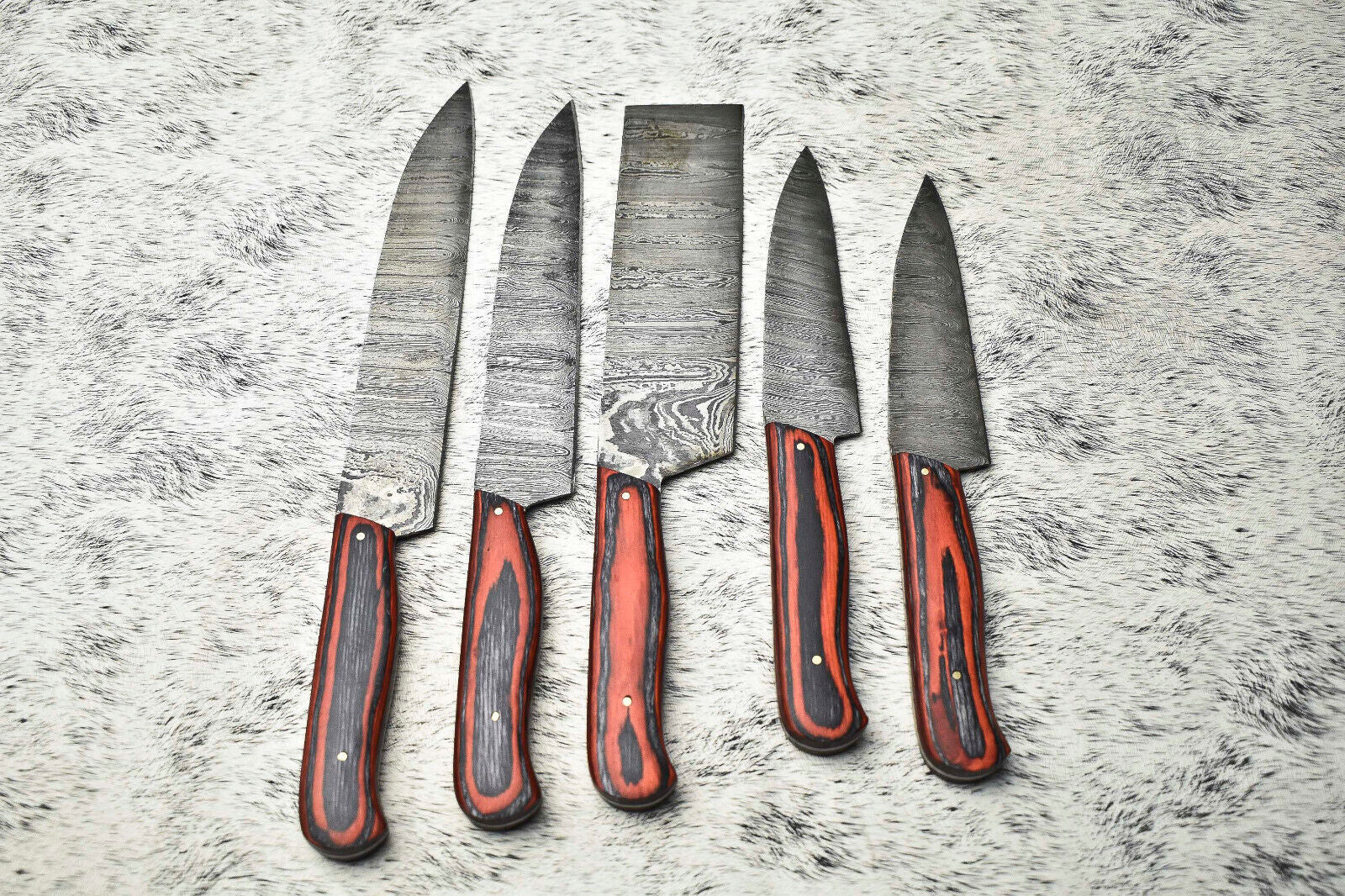 Custom Lot of 5 Handmade Damascus Steel Chef Knives | Full Tang Hard Wood Handles
