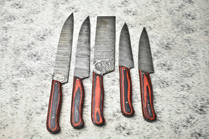 Custom Lot of 5 Handmade Damascus Steel Chef Knives | Full Tang Hard Wood Handles