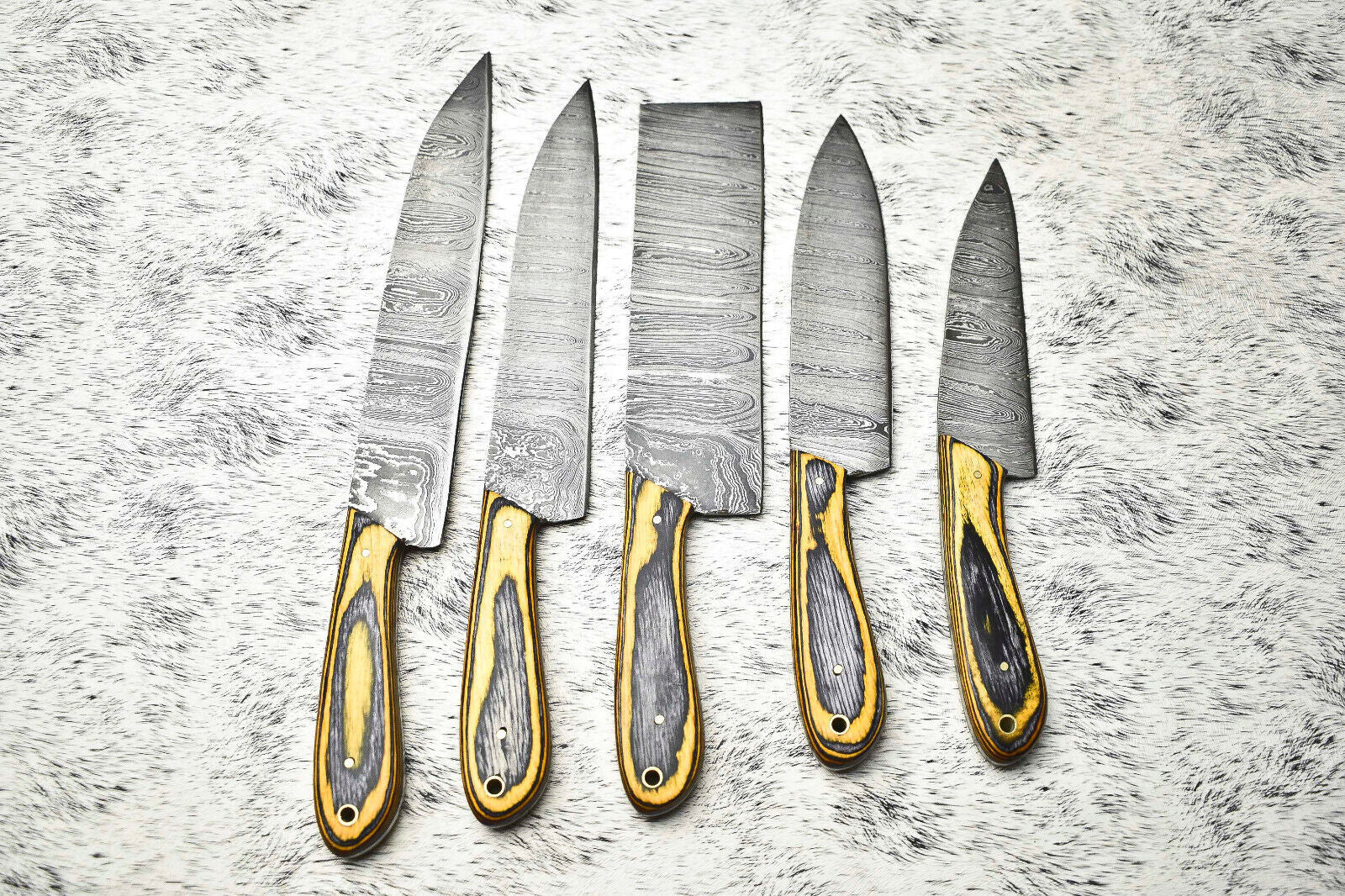 Custom Lot of 5 Handmade Hammered Damascus Steel Blade Chef Knife Set