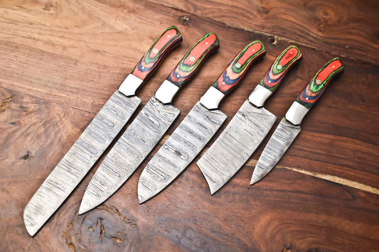 Custom Lot of 5 Handmade Hammered Damascus Steel Blade Chef Knife Set – 384 Layer Forged