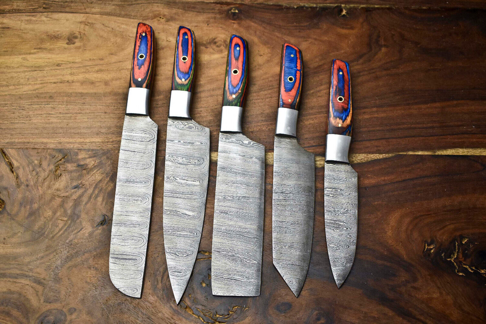 Custom Lot of 5 Handmade Hammered Damascus Steel Blade Chef Knife Set – 384 Layers