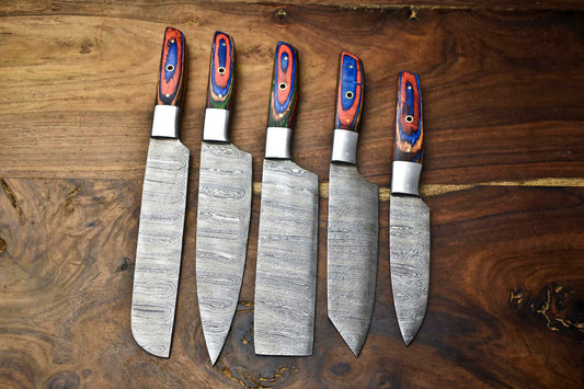 Custom Lot of 5 Handmade Hammered Damascus Steel Blade Chef Knife Set – 384 Layers