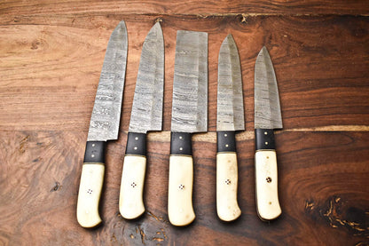 Custom Lot of 5 Handmade Hammered Damascus Steel Blade Chef Knife Set – Full Tang