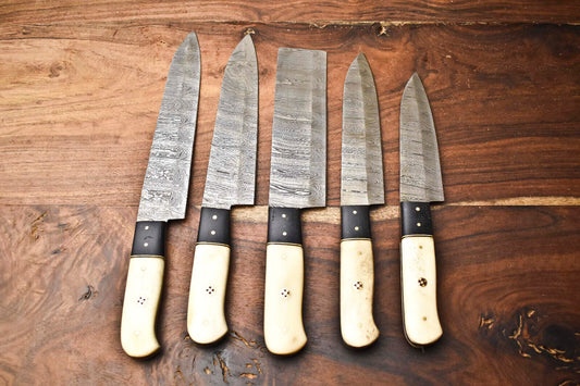 Custom Lot of 5 Handmade Hammered Damascus Steel Blade Chef Knife Set – Full Tang