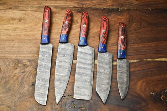 Custom Lot of 5 Handmade Hammered Damascus Steel Blade Chef Knife Set – Full Tang Kitchen Knives