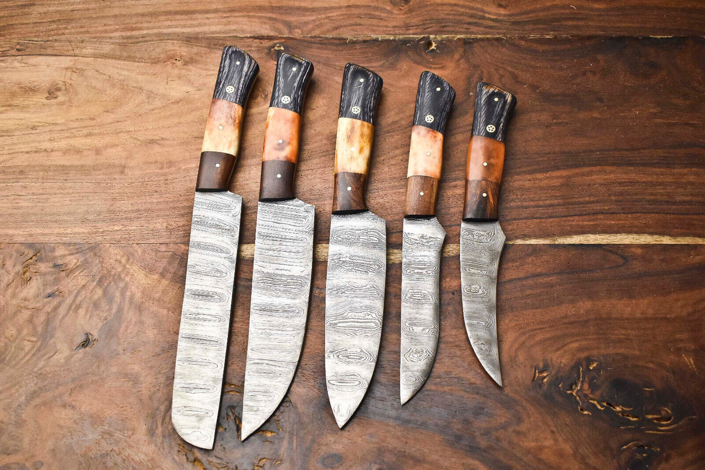 Custom Lot of 5 Handmade Hammered Damascus Steel Blade Chef Knife Set – Full Tang Professional Kitchen Knives