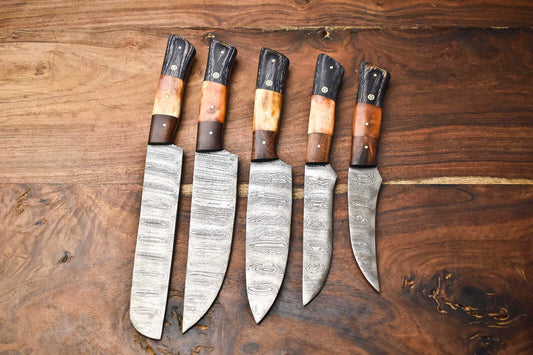 Custom Lot of 5 Handmade Hammered Damascus Steel Blade Chef Knife Set – Full Tang Professional Kitchen Knives