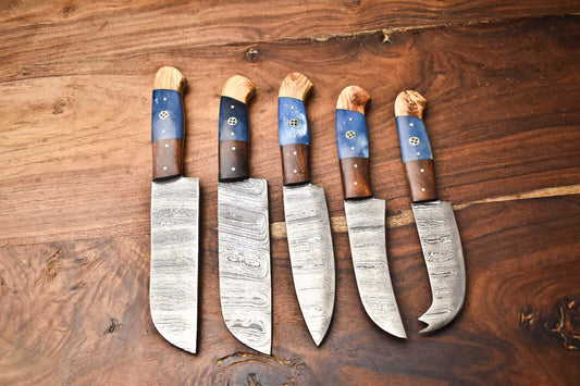 Custom Lot of 5 Handmade Hammered Damascus Steel Blade Chef Knife Set – Professional Forged Kitchen Knives