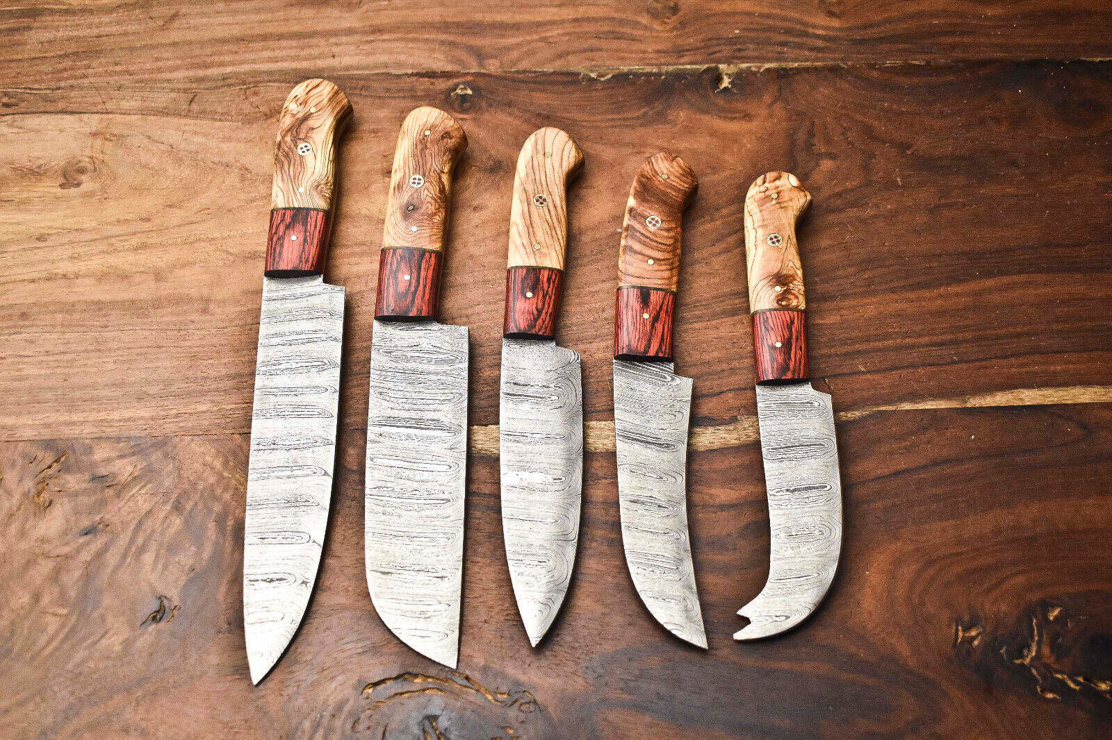 Custom Lot of 5 Handmade Hammered Damascus Steel Blade Chef Knife Set – Professional Kitchen Knives