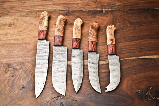 Custom Lot of 5 Handmade Hammered Damascus Steel Blade Chef Knife Set – Professional Kitchen Knives
