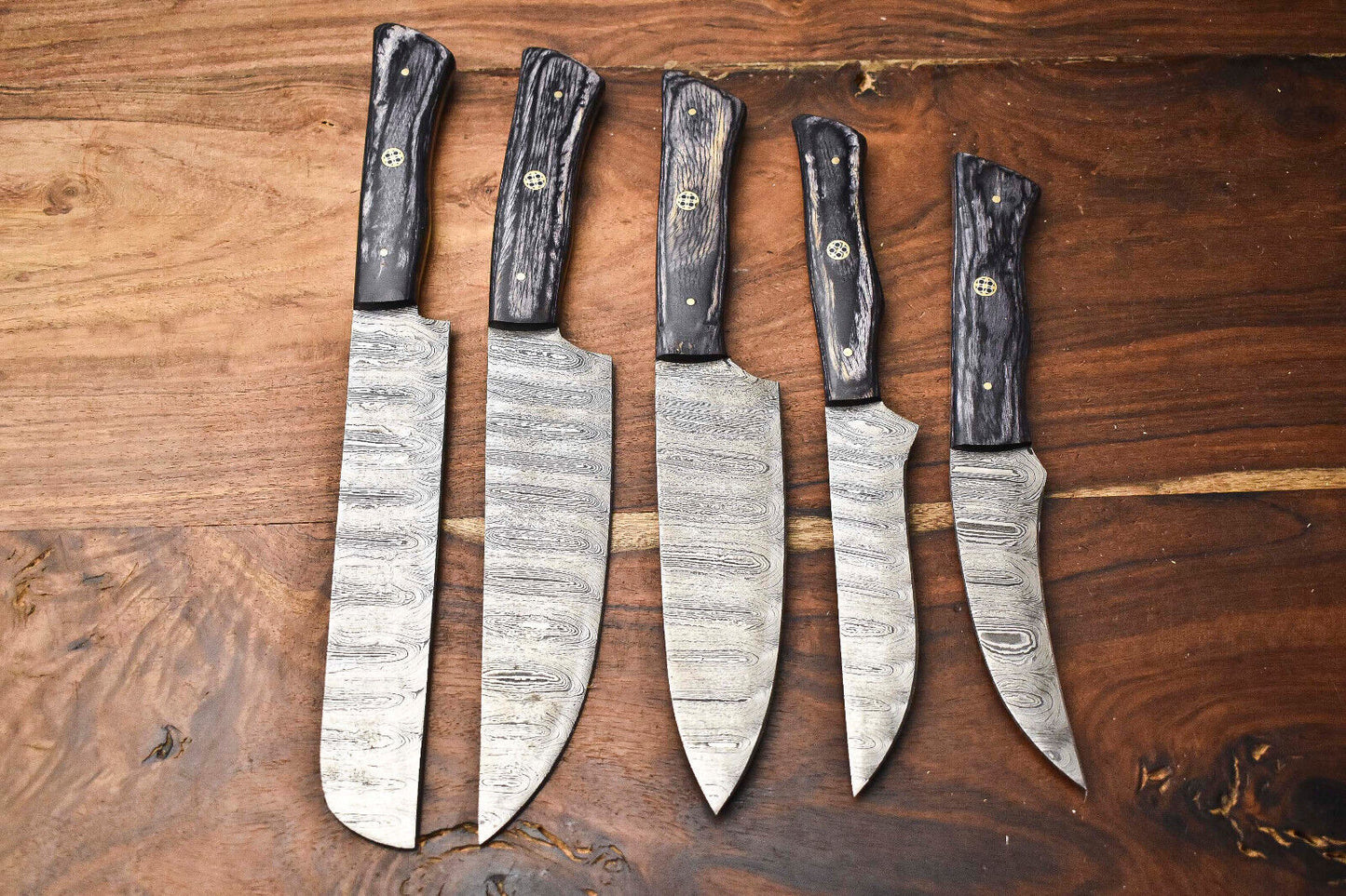 Custom Lot of 5 Handmade Hammered Damascus Steel Blade Chef Set 