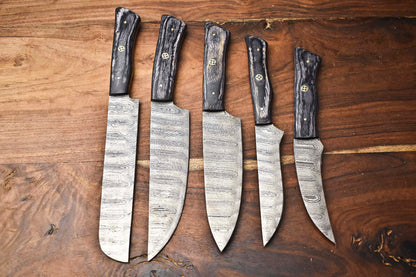 Custom Lot of 5 Handmade Hammered Damascus Steel Blade Chef Set 