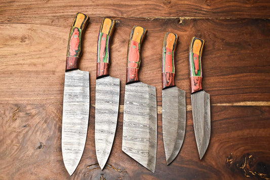 Custom Lot of 5 Handmade Hammered Damascus Steel Blade Chef Set Knife