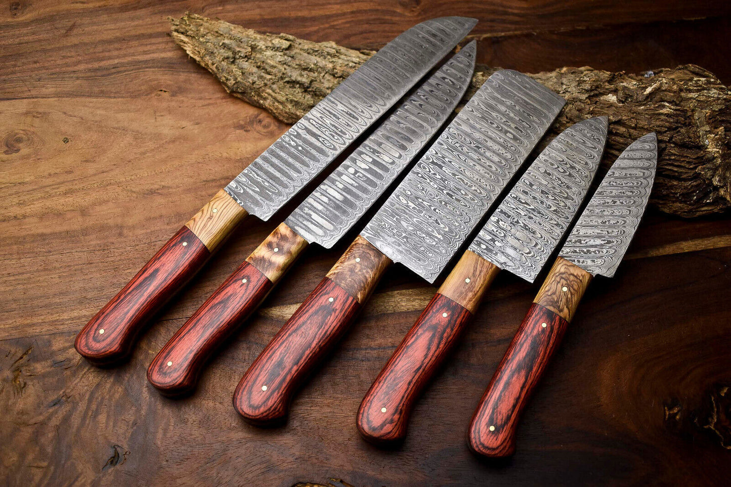 Custom Lot of 5 Handmade Hammered Damascus Steel Blade Chef Set Knives