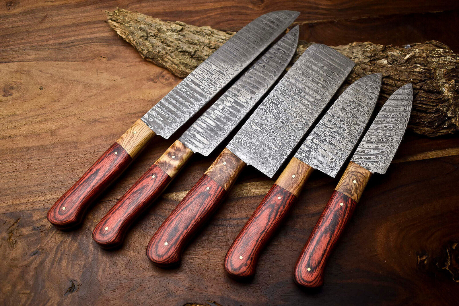 Custom Lot of 5 Handmade Hammered Damascus Steel Blade Chef Set Knives