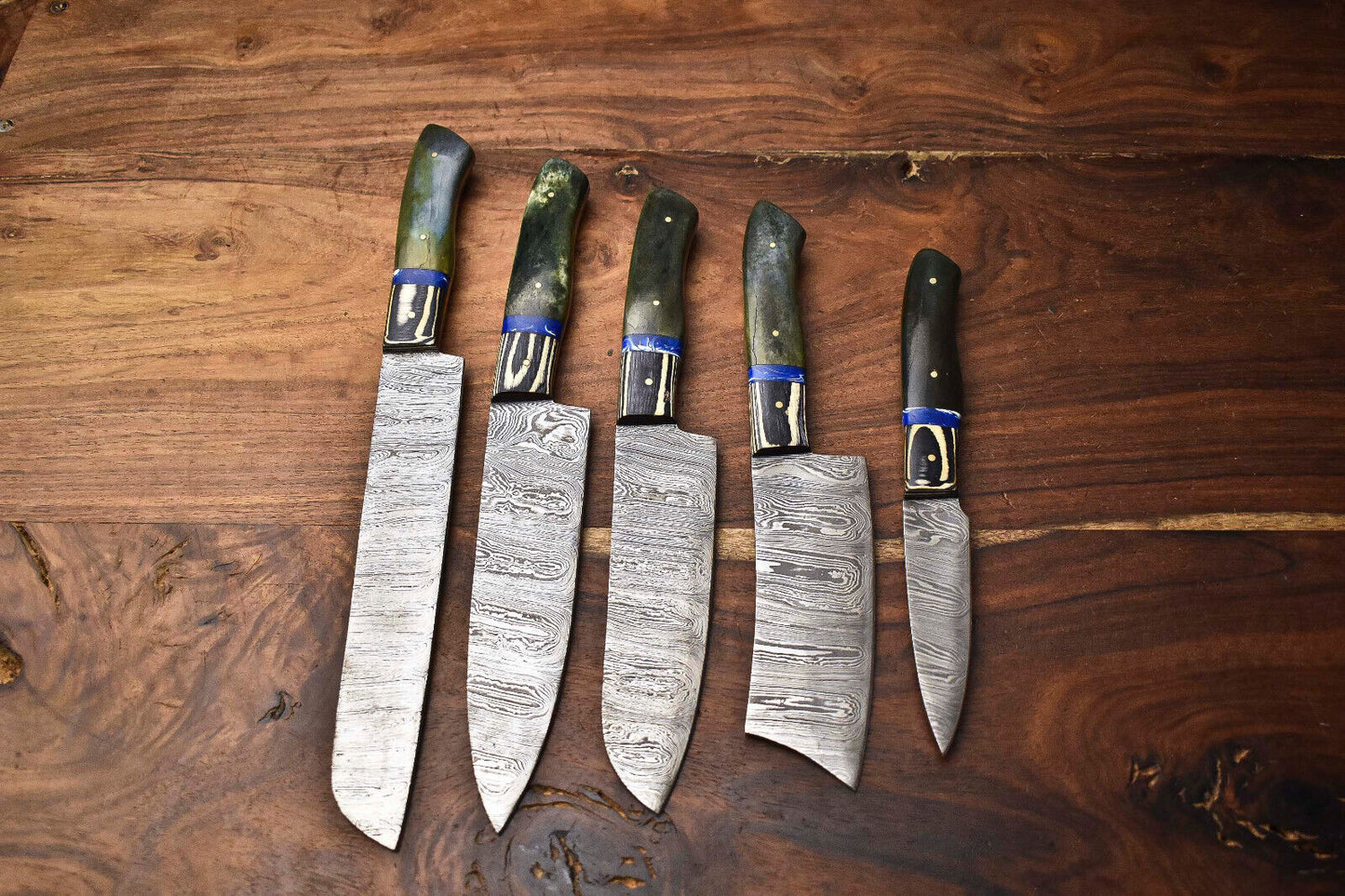 Custom Lot of 5 Handmade Hammered Damascus Steel Blade Chef Set Knives – Premium Forged Kitchen Knife Collection