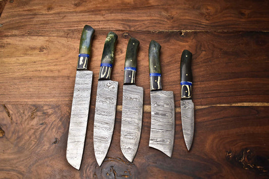 Custom Lot of 5 Handmade Hammered Damascus Steel Blade Chef Set Knives – Premium Forged Kitchen Knife Collection