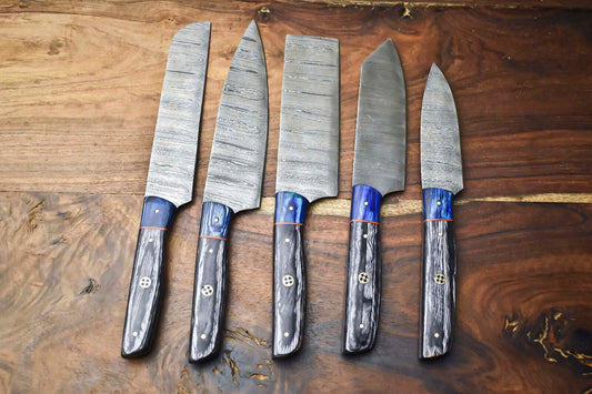 Custom Lot of 5 Handmade Hammered Damascus Steel Chef Knife Set – 384 Layer Real Damascus