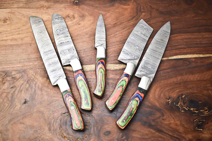 Custom Lot of 5 Handmade Hammered Damascus Steel Chef Knife Set – 384 Layer Real Forged Blades