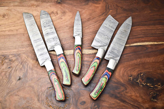 Custom Lot of 5 Handmade Hammered Damascus Steel Chef Knife Set – 384 Layer Real Forged Blades
