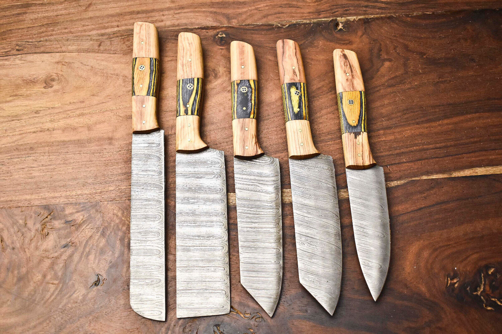 Custom Lot of 5 Handmade Hammered Damascus Steel Chef Knife Set – Full Tang 