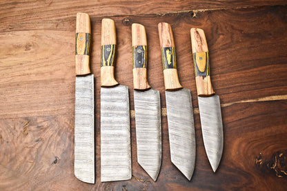 Custom Lot of 5 Handmade Hammered Damascus Steel Chef Knife Set – Full Tang 