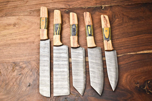 Custom Lot of 5 Handmade Hammered Damascus Steel Chef Knife Set – Full Tang 