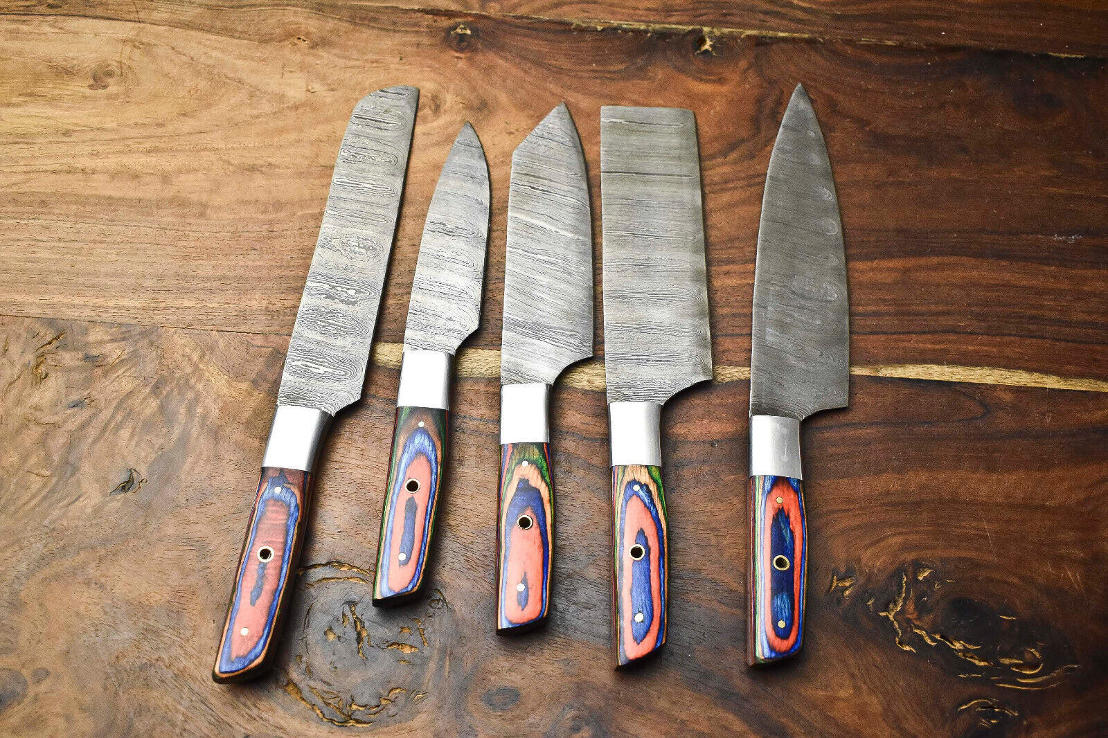 Custom Lot of 5 Handmade Hammered Damascus Steel Chef Knife Set – Full Tang Kitchen Blades