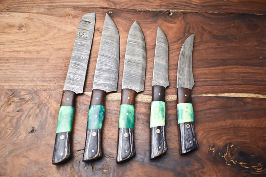 Custom Lot of 5 Handmade Hammered Damascus Steel Chef Knives – 384 Layer Blade Set