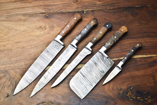 Custom Lot of 5 Handmade Hammered Damascus Steel Chef Knives – Professional Kitchen Knife Set