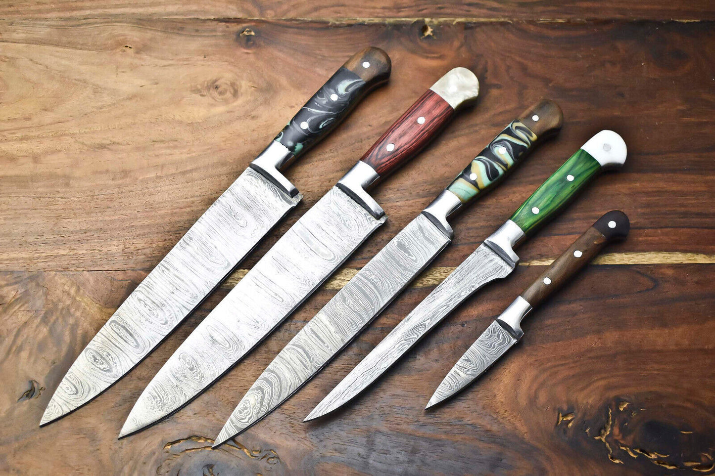 Custom Lot of 5 Handmade Hammered Damascus Steel Chef Knives Set – 384 Layers, Razor Sharp