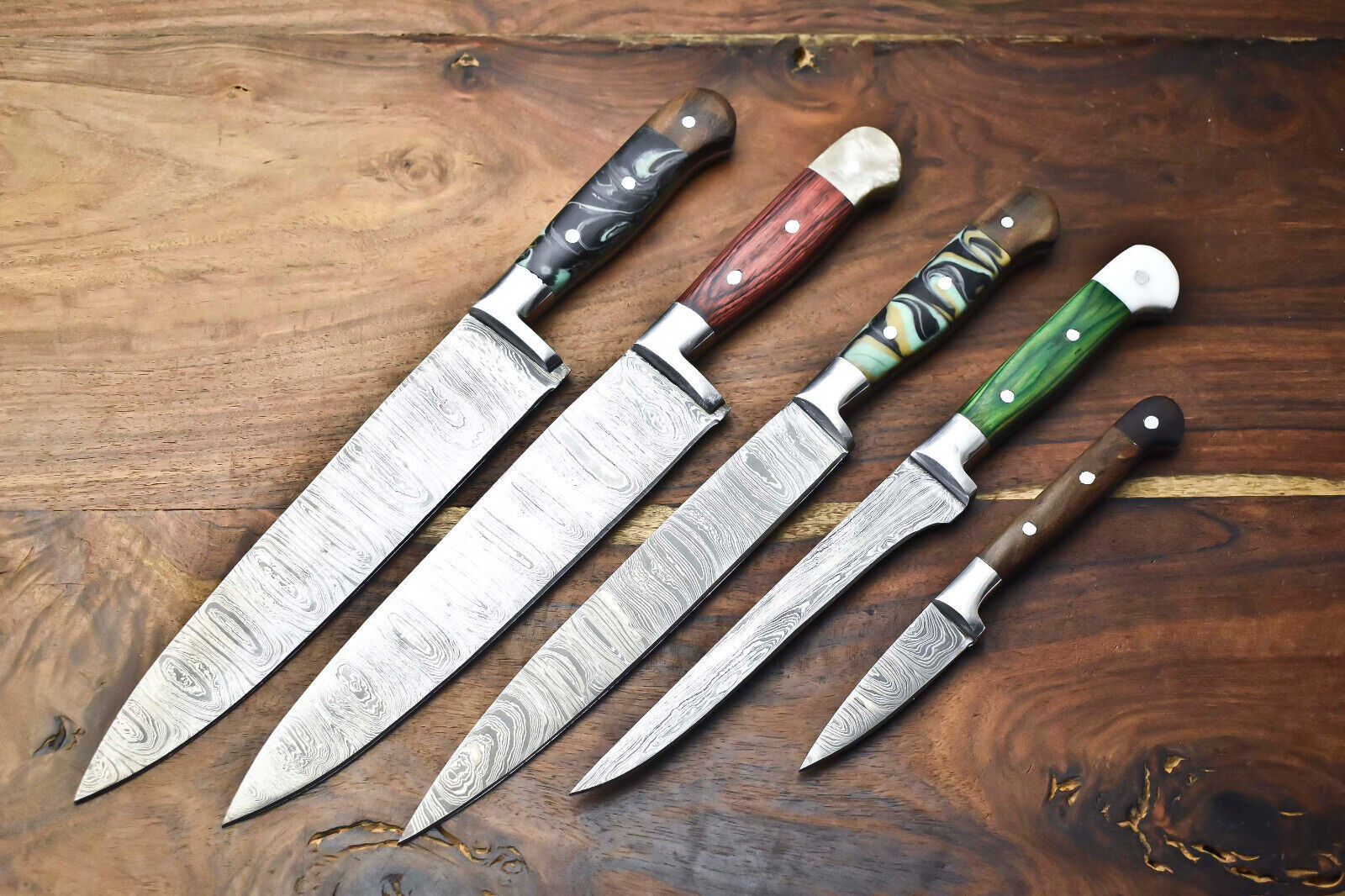 Custom Lot of 5 Handmade Hammered Damascus Steel Chef Knives Set – 384 Layers, Razor Sharp