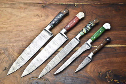 Custom Lot of 5 Handmade Hammered Damascus Steel Chef Knives Set – 384 Layers, Razor Sharp