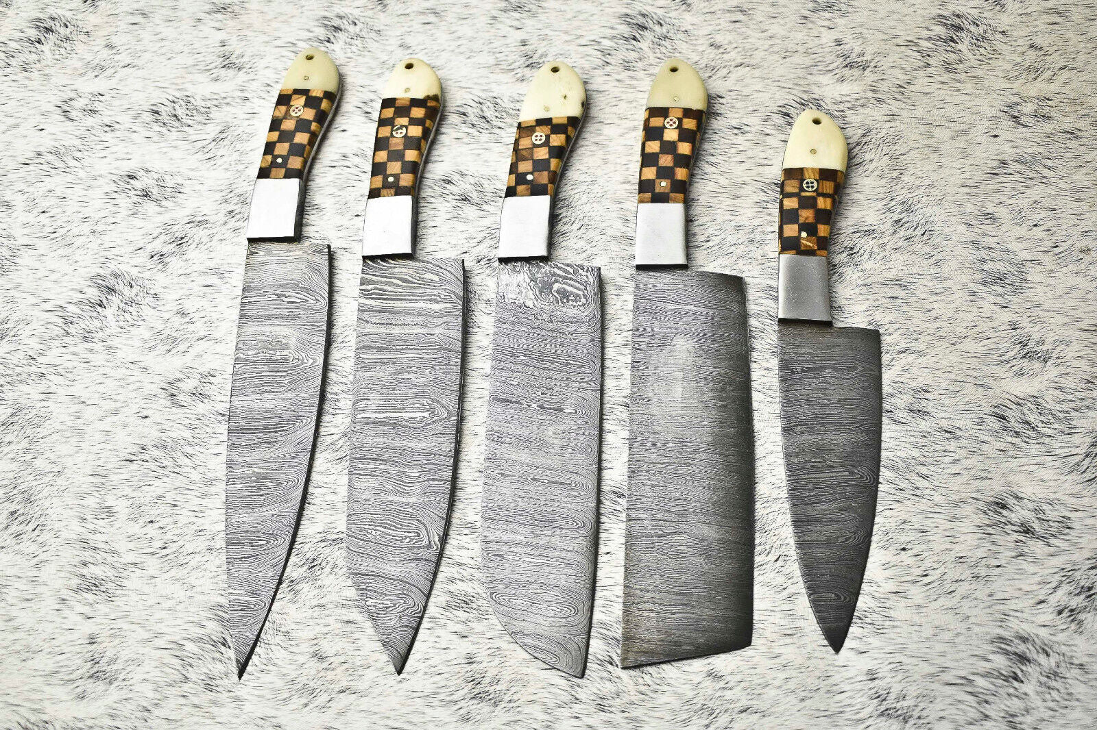 Custom Lot of 5 Handmade Hammered Damascus Steel Chef Knives Set – Professional Kitchen Blades