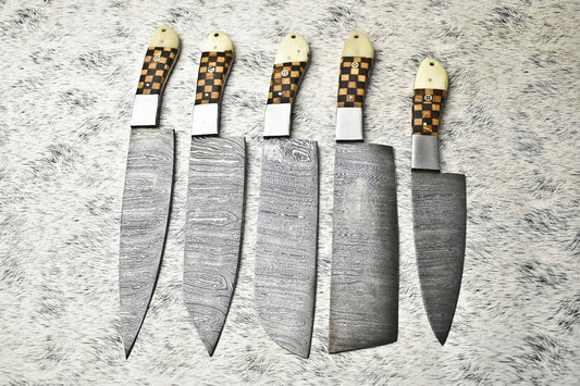 Custom Lot of 5 Handmade Hammered Damascus Steel Chef Knives Set – Professional Kitchen Blades