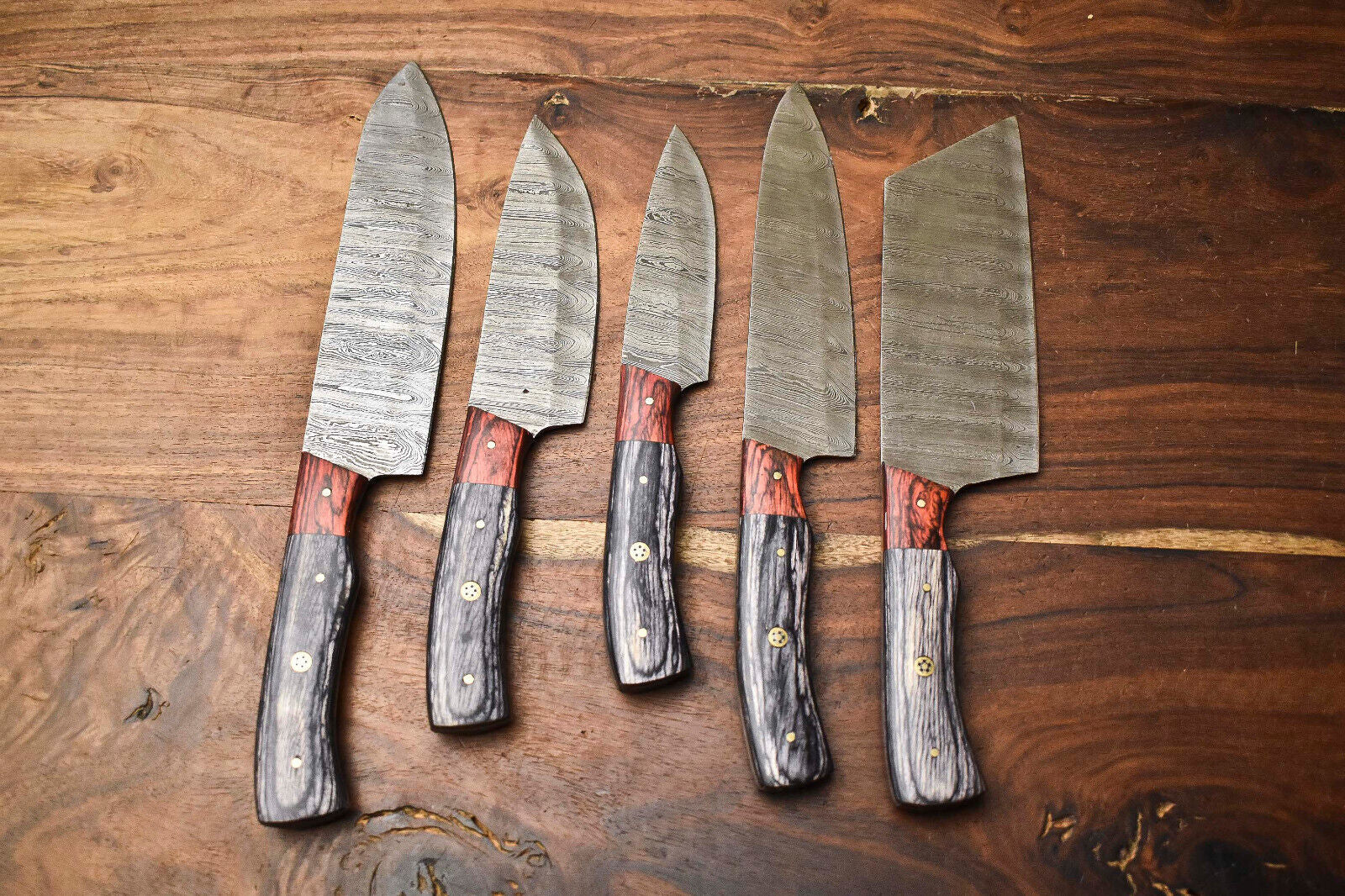 Custom Lot of 5 Rare Handmade Damascus Steel Blade Chef Knife Set