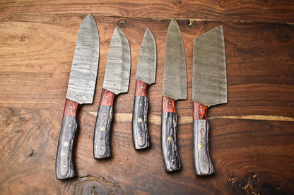 Custom Lot of 5 Rare Handmade Damascus Steel Blade Chef Knife Set