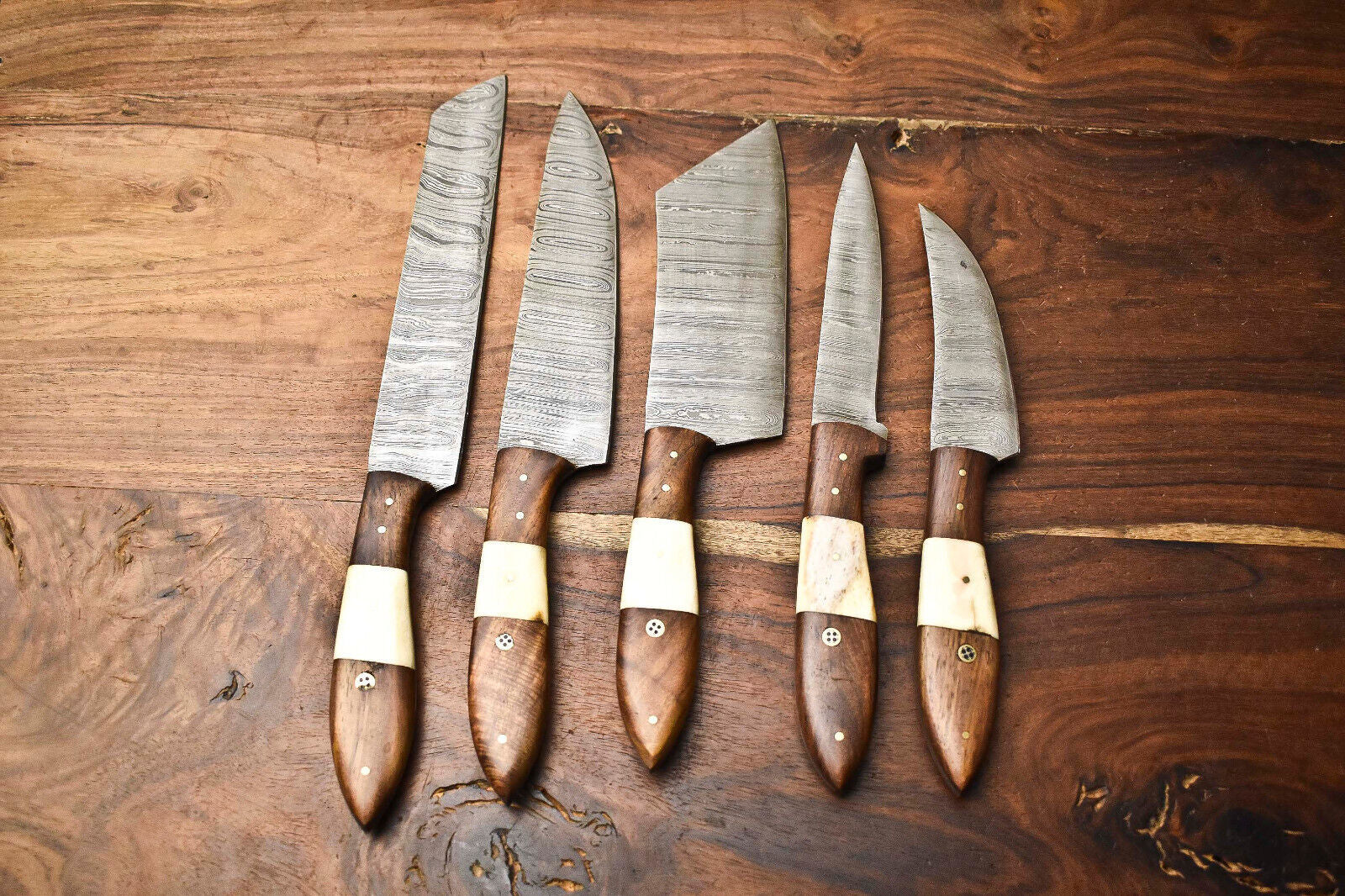 Custom Lot of 5 Rare Handmade Damascus Steel Blade Chef Knife Set – 100% Handmade