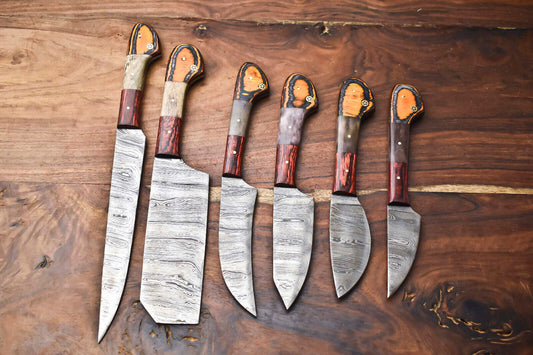 Custom Lot of 6 Handmade Hammered Damascus Steel Blade Chef Knife Set