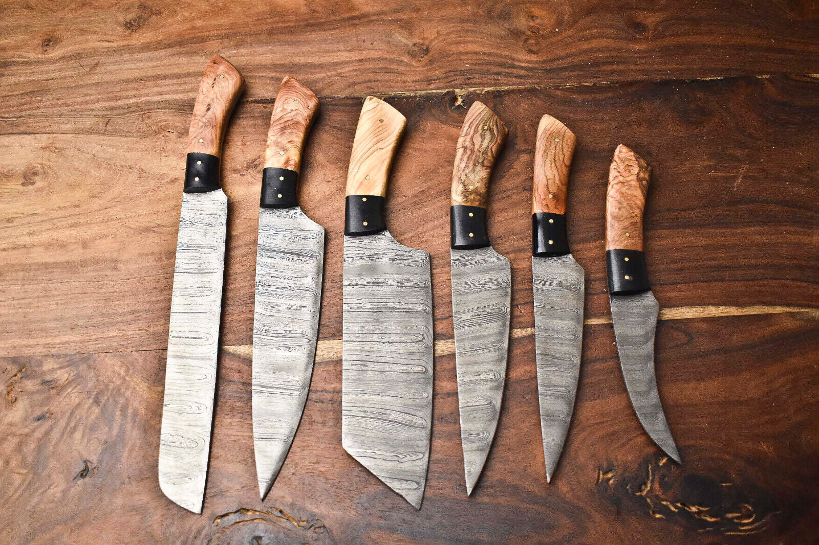 Custom Lot of 6 Handmade Hammered Damascus Steel Blade Chef Knife Set – Professional Forged Kitchen Knives