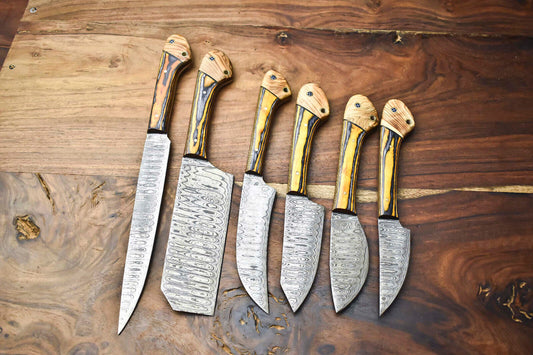 Custom Lot of 6 Handmade Hammered Damascus Steel Blade Chef Knife Set with Sheath