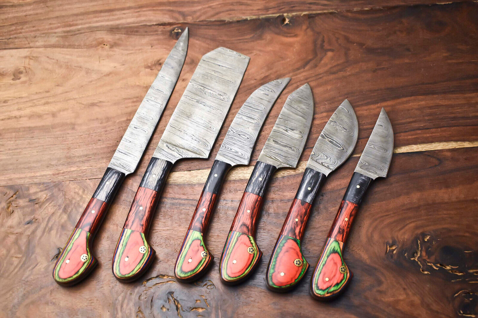 Custom Lot of 6 Handmade Hammered Damascus Steel Chef Knives – Full Tang, Handcrafted
