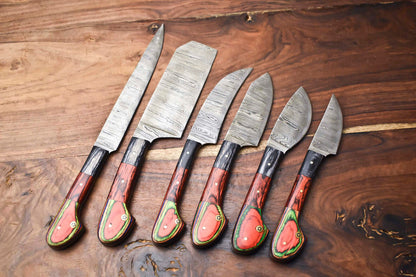 Custom Lot of 6 Handmade Hammered Damascus Steel Chef Knives – Full Tang, Handcrafted