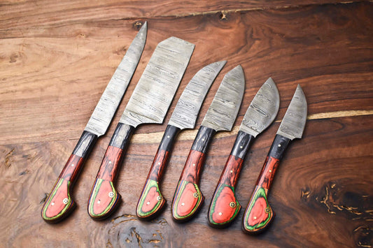 Custom Lot of 6 Handmade Hammered Damascus Steel Chef Knives – Full Tang, Handcrafted