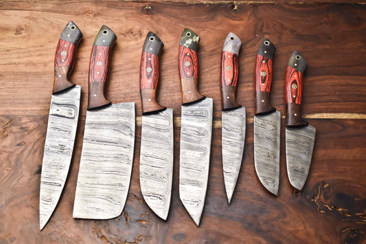 Custom Lot of 7 Handmade Hammered Damascus Steel Blade Full Tang Chef Knife Set – 384 Layers