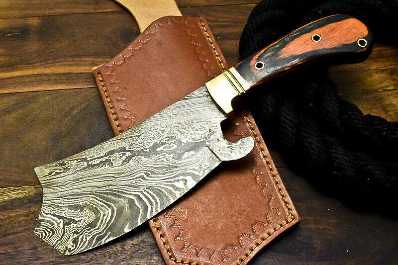 Custom Made Damascus Hard Wood Hunting Clever Chopper Axe Knife with Leather Sheath